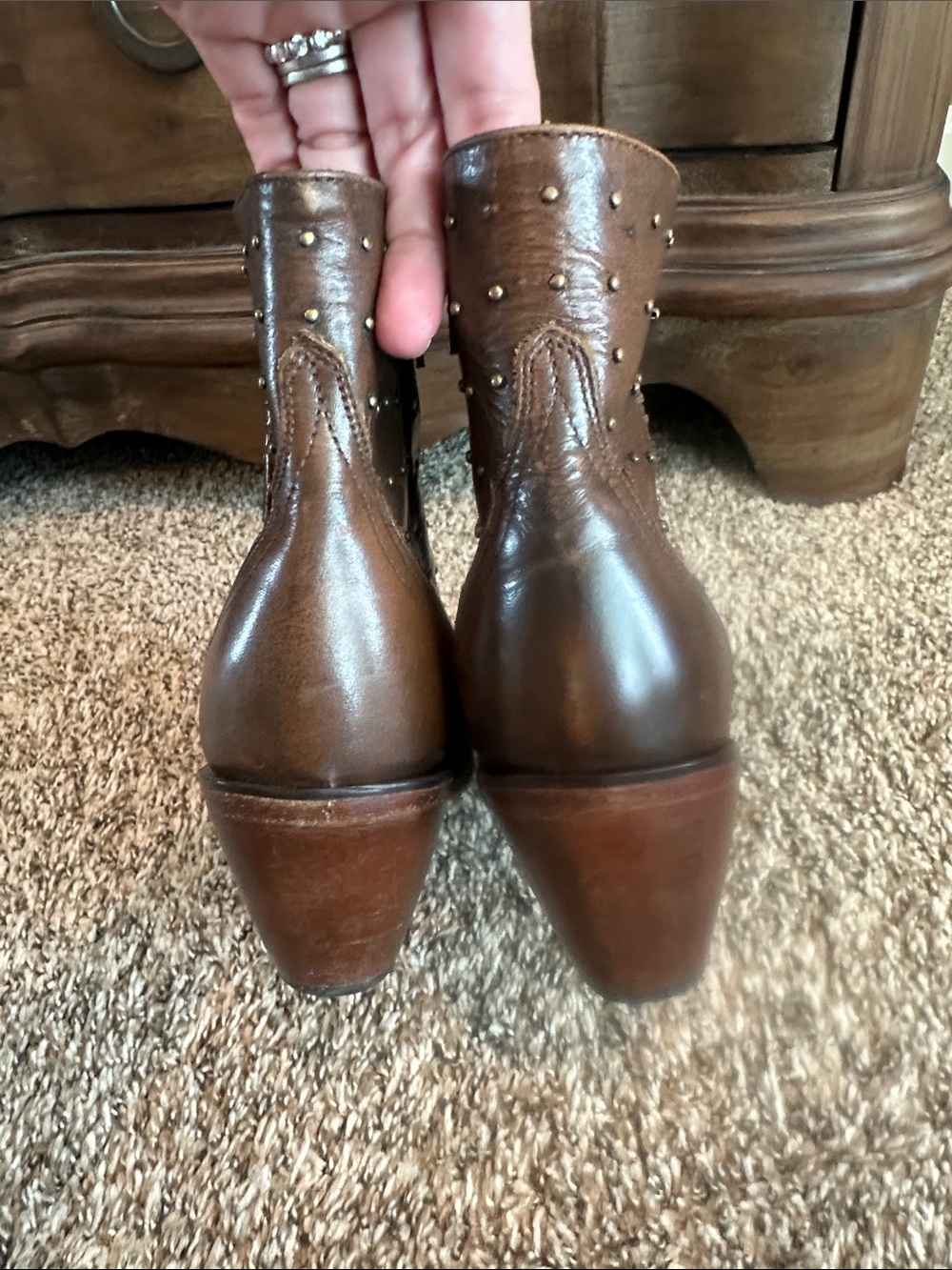 Lucchese Brown Studded Leather Western Ankle Booties - Picture 2 of 16